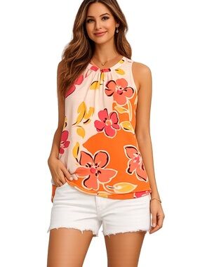 DR2 Floral Sleeveless Blouse Orange Pink Lightweight Tank Top Size Small